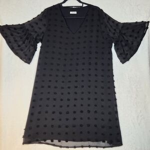 Polka Dot V-neck Midi Dress with Short Bell Sleeves Size XL Black Sheer Textured
